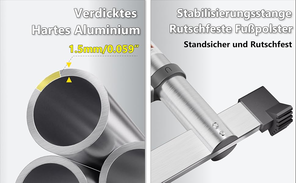 SIMPDIY Teleskopleiter 3,8 m aus Aluminium, ausgezogen mit Stabilisierungsstangen am Leiterfuss – Detail 4