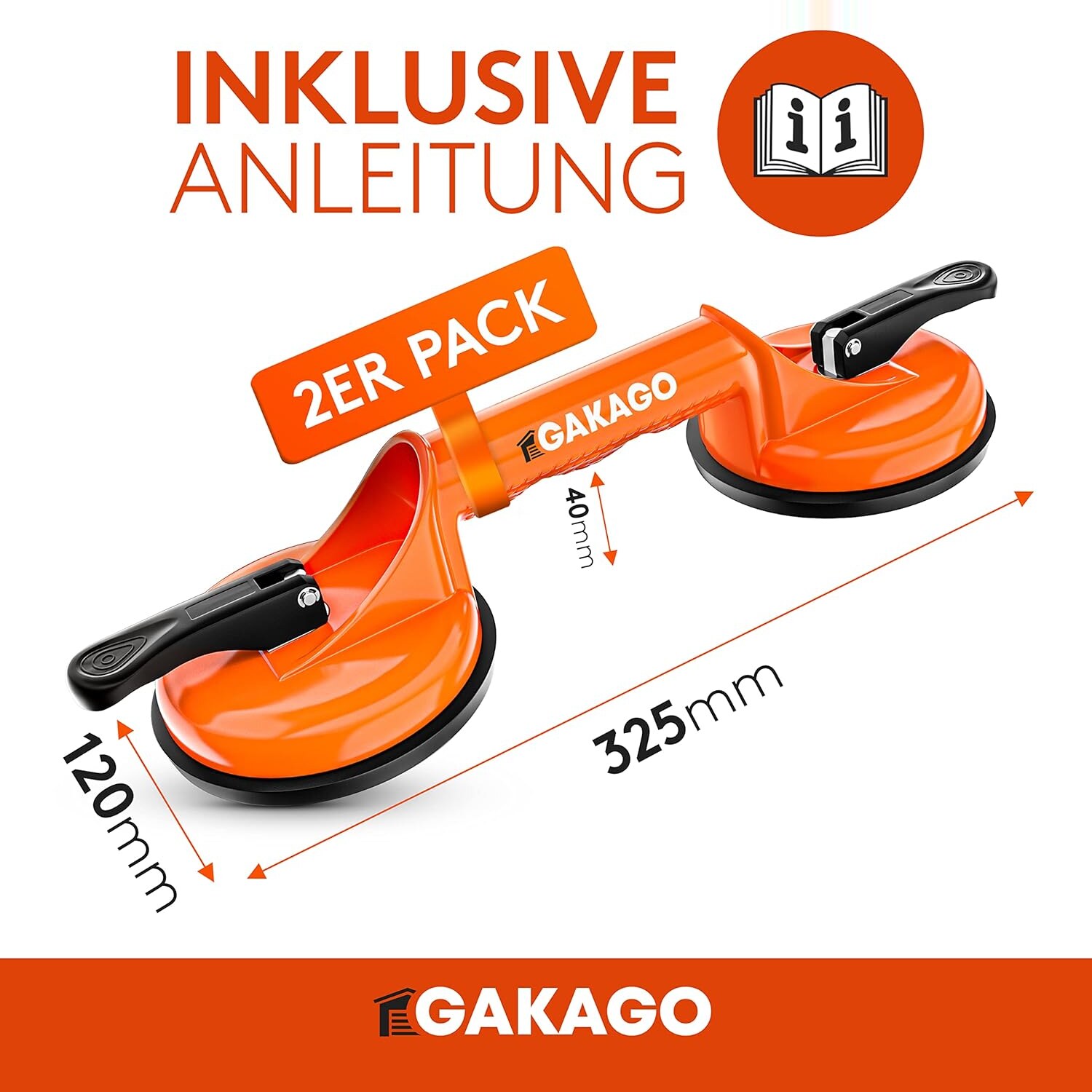Massangaben: 325 mm lang, 120 mm breit, Saugteller 40 mm hoch, Anleitung im Lieferumfang