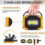 T-SUN LED Arbeitsstrahler mit klappbarem Bügel, USB-Buchse und Akkufach