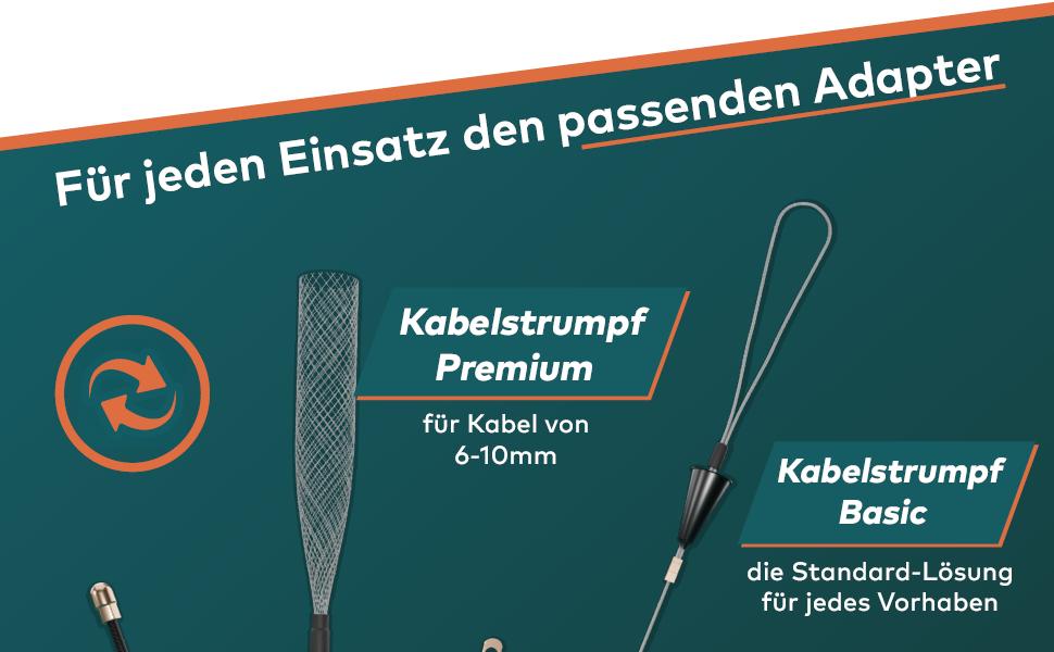 FAIRMO Einziehspirale 30 m aus PET im Kunststoffgehäuse mit fünf Adaptern und Kabelstrumpf – Detail 5