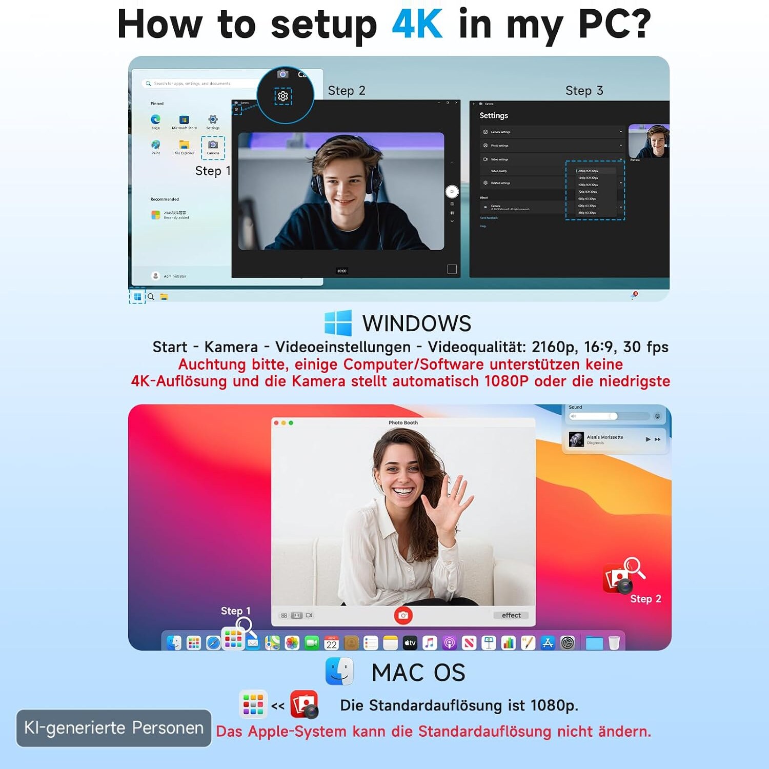 Anleitung zur Einstellung von 2160p in Windows und Hinweis, dass macOS standardmaessig 1080p verwendet