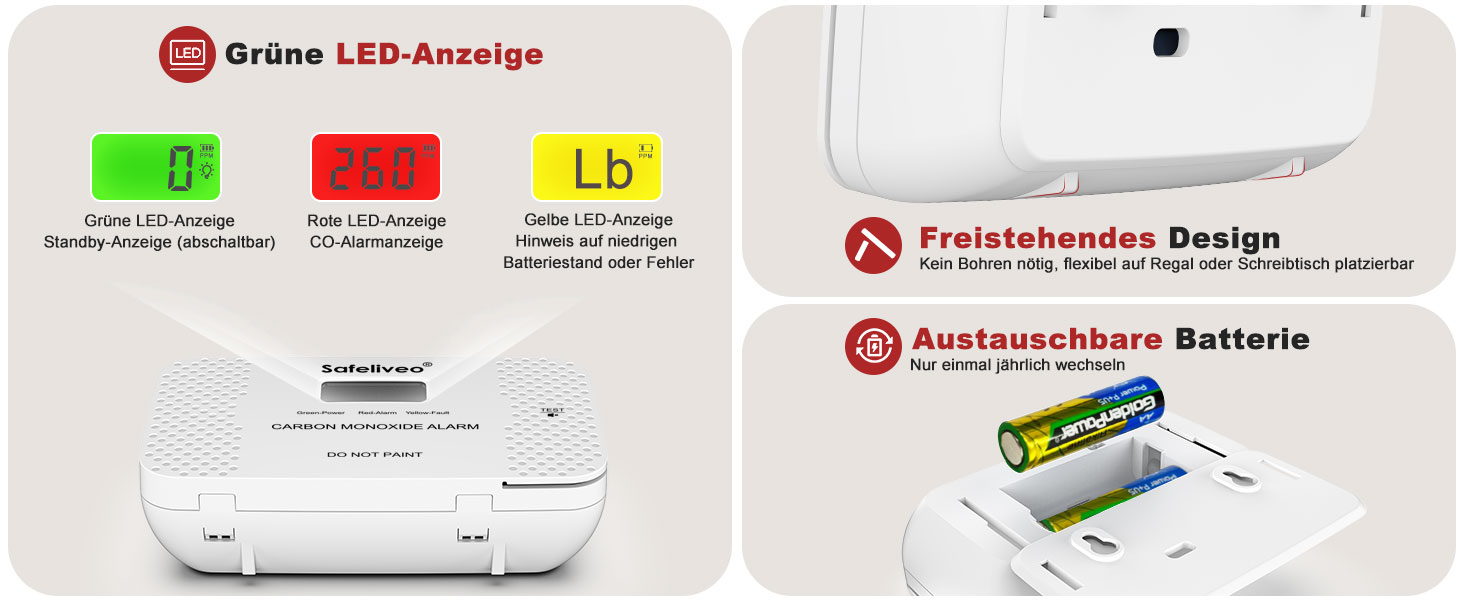 Safeliveo CO03 Kohlenmonoxidmelder in Weiss mit digitalem Display, freistehend aufgestellt – Detail 5