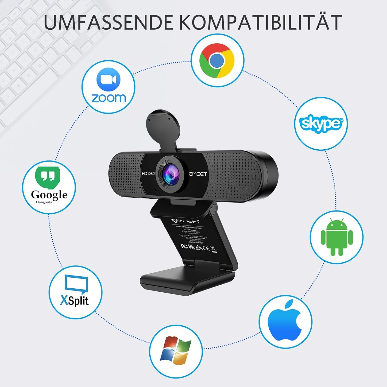 Symbole von Zoom, Skype, Chrome, Windows, macOS, Android und XSplit um die Webcam