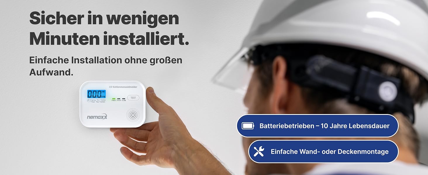 NEMAXX CM18 Kohlenmonoxid-Melder mit LCD-Display an der Wand – Detail 5