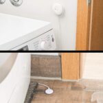 Weisser VisorTech Wassermelder XMD-105.wm mit externem Sensor am Kabel neben einer Waschmaschine