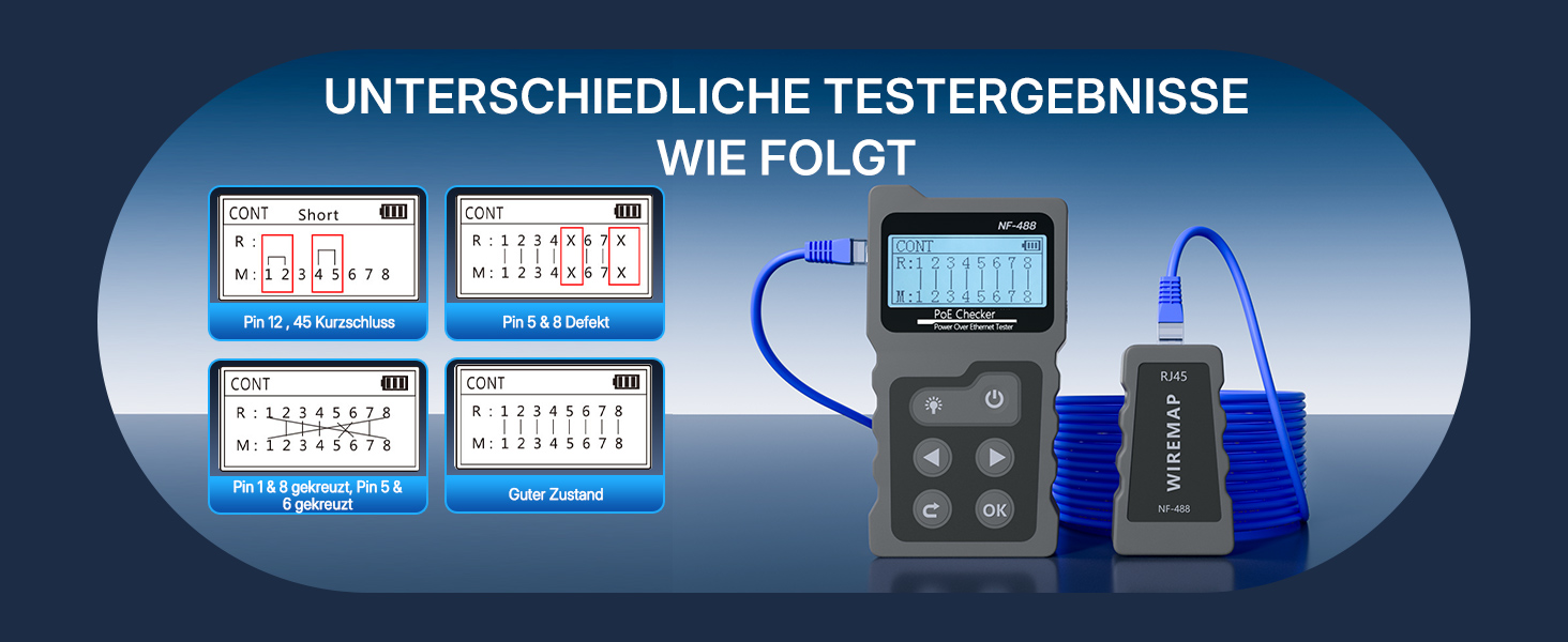Schwarzer Netzwerk-Kabeltester Mcbazel INSP0319 mit LCD-Display, RJ45-Buchse und kleinem Gegenstück – Detail 5