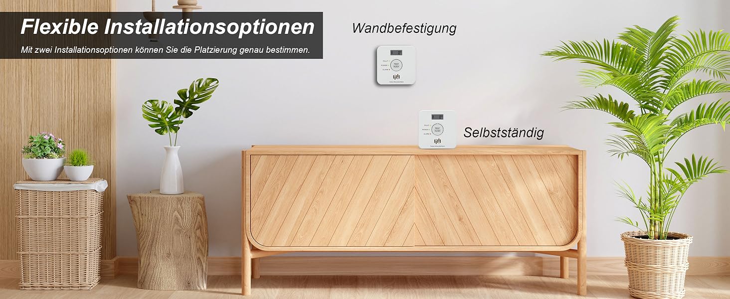 Weisser Kohlenmonoxid-Melder Ruan TCS0202A mit LCD-Display und ppm-Anzeige an einer Wand – Detail 5