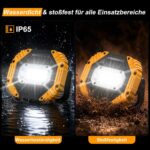 Zwei gelbe Darbony LED-Akkustrahler mit 30 Watt, Display und verstellbarem Griff