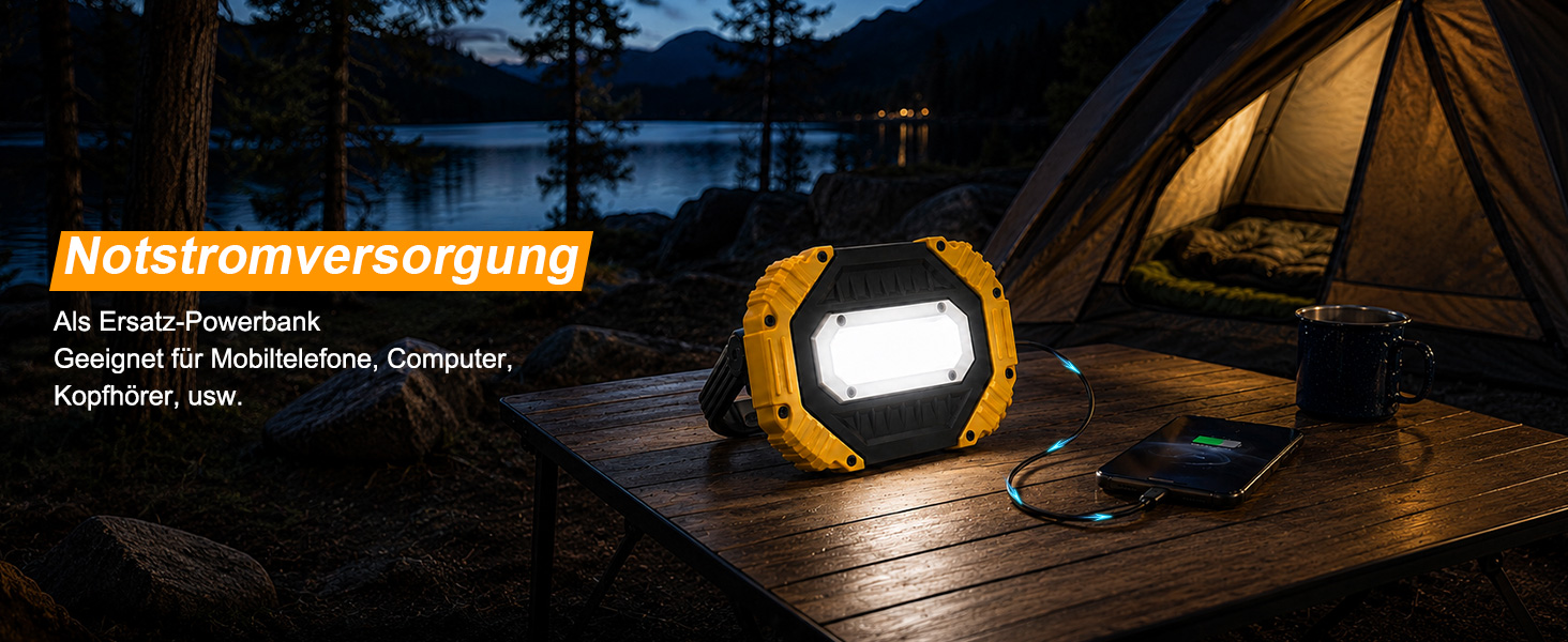 Zwei gelbe Darbony LED-Akkustrahler mit 30 Watt, Display und verstellbarem Griff – Detail 5