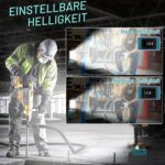 T-SUN LED-Arbeitsleuchte mit Aluminiumschirm auf einem Makita-18-V-Akku, Kopf nach oben geschwenkt
