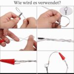 Aufgerolltes Einziehband mit kunststoffbeschichtetem Stahldraht, beweglicher Spitze und roter Kabelklemme