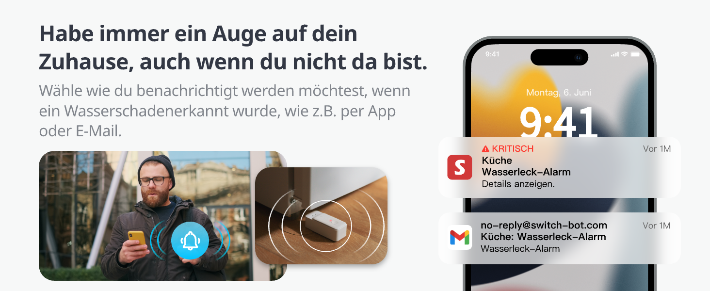 SwitchBot WLAN Wassermelder W4402000 mit Sensorkontakten auf der Oberseite – Detail 6