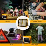 Nulmvic Akku-Baustrahler mit LED-Fläche, Solarpanel und Gelenkbügel auf dem Boden stehend