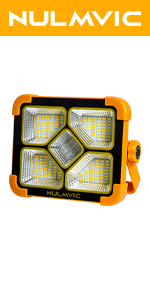 Nulmvic Akku-Baustrahler mit LED-Fläche, Solarpanel und Gelenkbügel auf dem Boden stehend – Detail 6