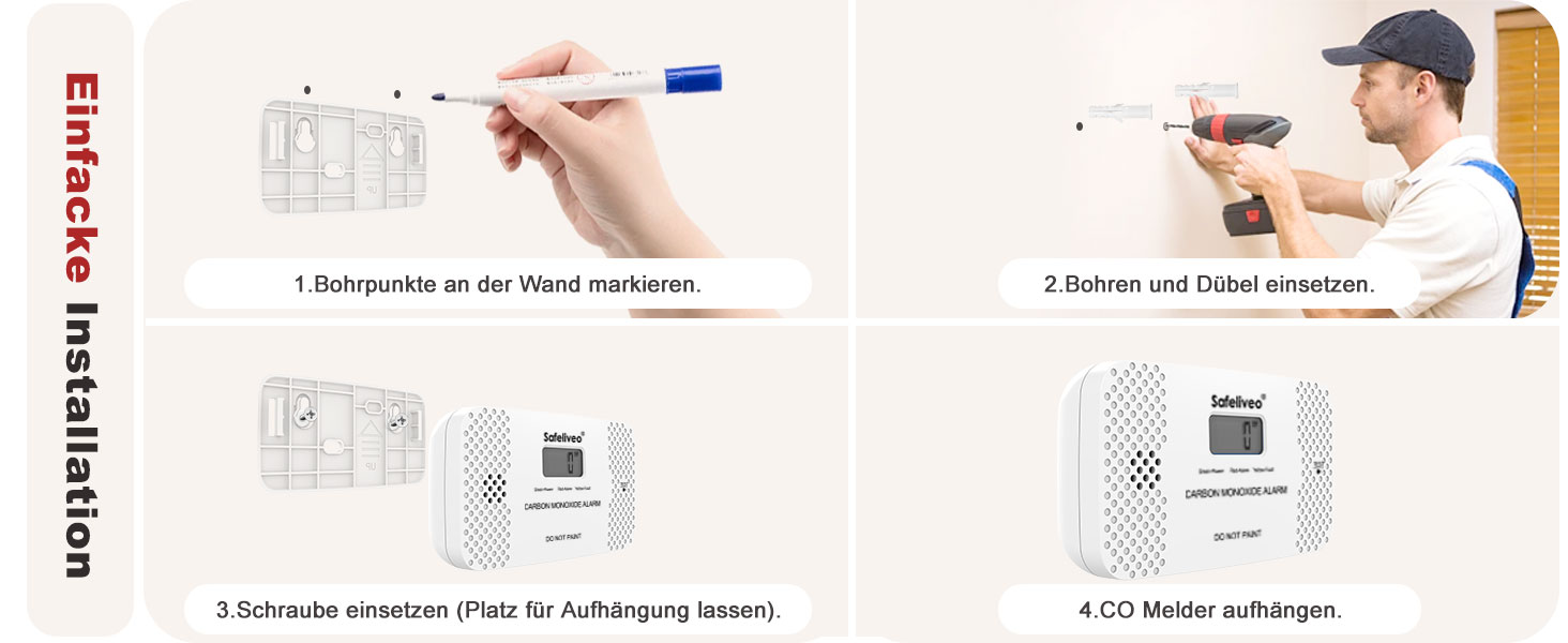 Safeliveo CO03 Kohlenmonoxidmelder in Weiss mit digitalem Display, freistehend aufgestellt – Detail 6