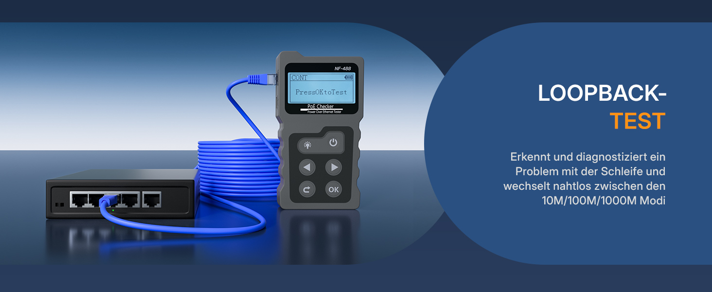 Schwarzer Netzwerk-Kabeltester Mcbazel INSP0319 mit LCD-Display, RJ45-Buchse und kleinem Gegenstück – Detail 6