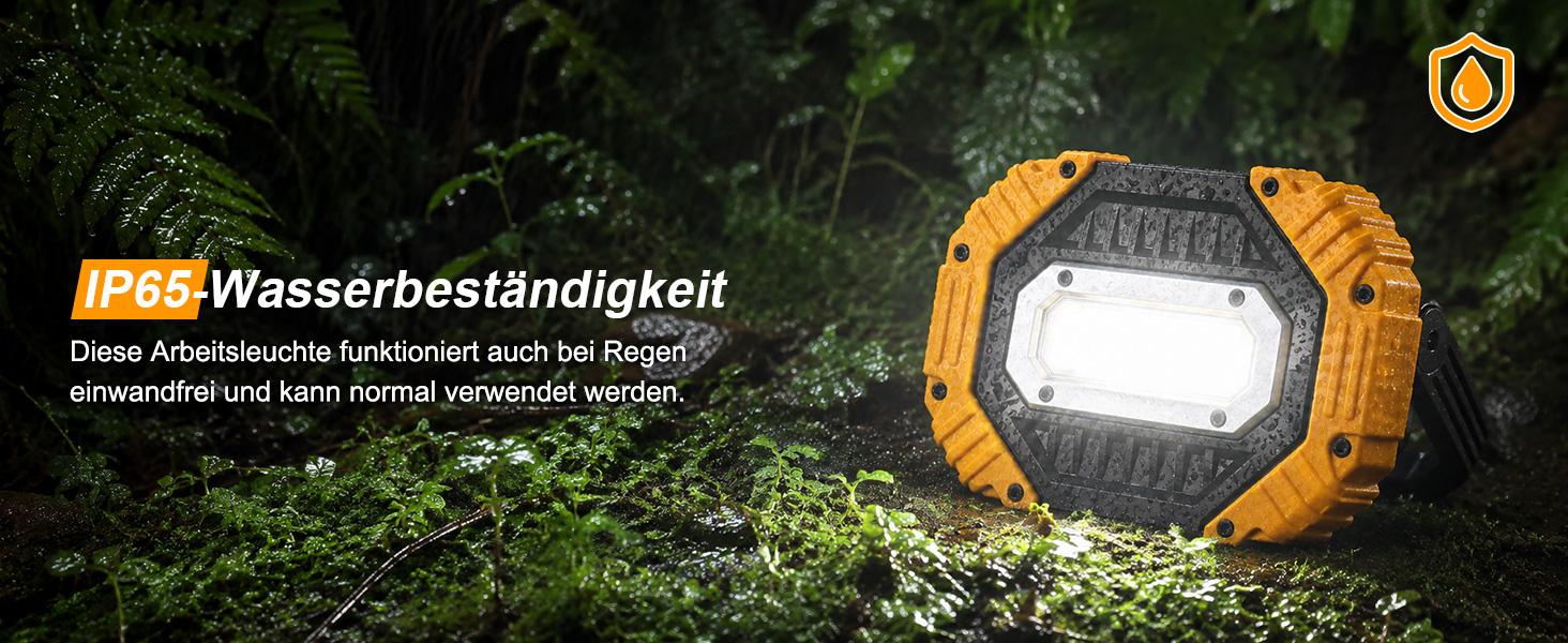 Zwei gelbe Darbony LED-Akkustrahler mit 30 Watt, Display und verstellbarem Griff – Detail 6
