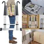 SIMPDIY Teleskopleiter 3,8 m aus Aluminium, ausgezogen mit Stabilisierungsstangen am Leiterfuss