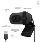 Beschriftete Ansicht mit Full-HD-Objektiv, integriertem Mikrofon, Abdeckblende, LED-Anzeigeleuchte und USB-A-Verbindung