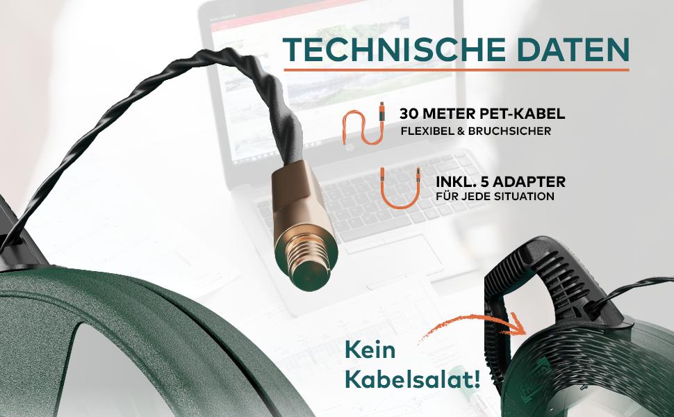 FAIRMO Einziehspirale 30 m aus PET im Kunststoffgehäuse mit fünf Adaptern und Kabelstrumpf – Detail 7
