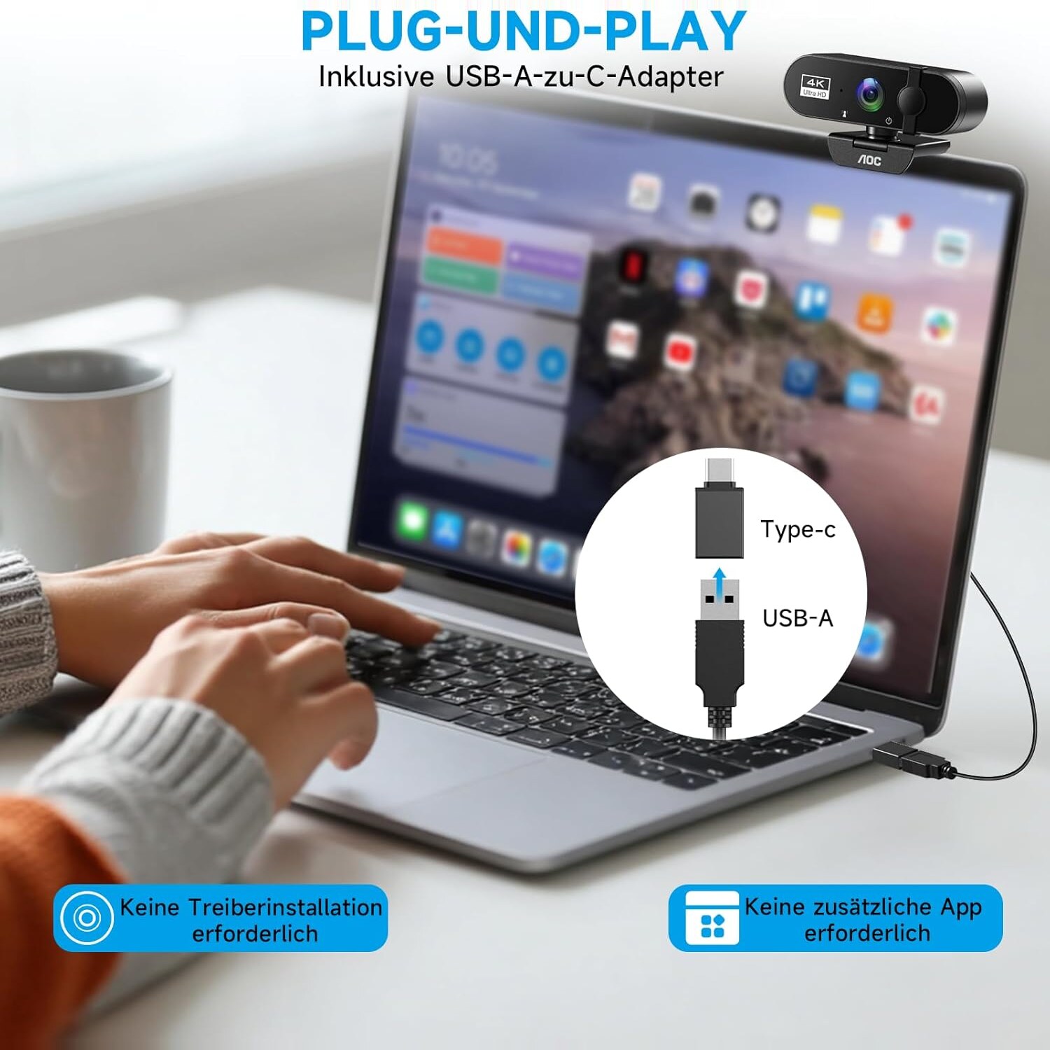 Anschluss per USB-A oder mit beiliegendem USB-C-Adapter, ohne Treiberinstallation