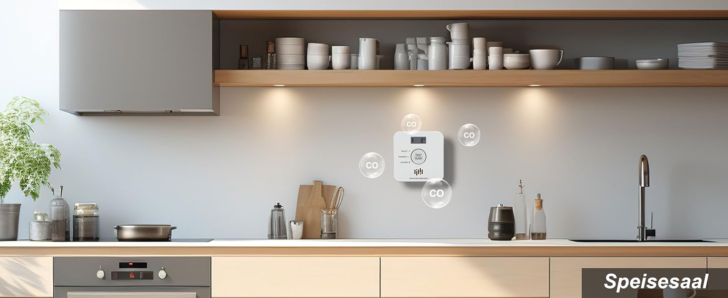 Weisser Kohlenmonoxid-Melder Ruan TCS0202A mit LCD-Display und ppm-Anzeige an einer Wand – Detail 7