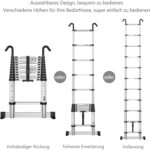 Ausgezogene Aluminium-Teleskopleiter mit Stabilisatorstange und Einhängehaken