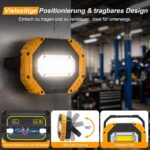 Zwei gelbe Darbony LED-Akkustrahler mit 30 Watt, Display und verstellbarem Griff