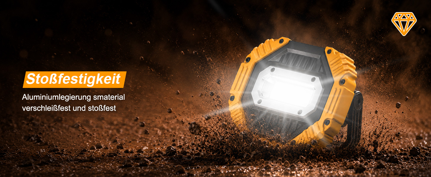 Zwei gelbe Darbony LED-Akkustrahler mit 30 Watt, Display und verstellbarem Griff – Detail 7