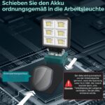 T-SUN LED-Arbeitsleuchte mit Aluminiumschirm auf einem Makita-18-V-Akku, Kopf nach oben geschwenkt