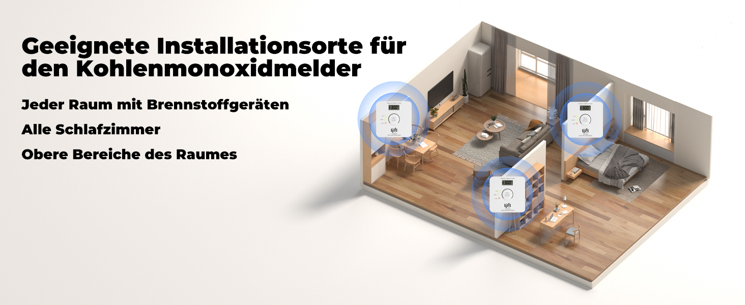 LIORQUE Kohlenmonoxid-Melder TCS0202A in Weiss mit LCD-Anzeige des CO-Werts an der Wand – Detail 7