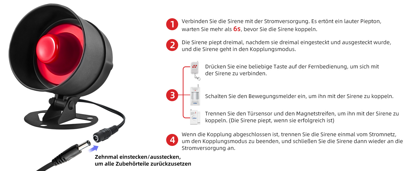KERUI Funk-Alarmanlage mit roter Sirene, Tür-Fenster-Kontakten, Bewegungsmeldern und Fernbedienungen – Detail 8
