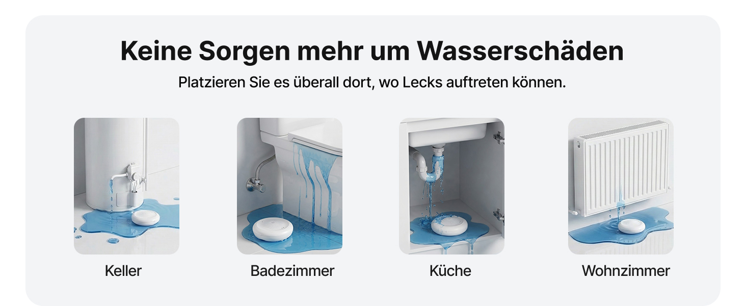 Drei X-Sense SWS0B WLAN-Wassermelder in Weiss, flach am Boden neben einer Waschmaschine – Detail 8