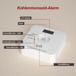 Weisser Kohlenmonoxid-Melder Ruan TCS0202A mit LCD-Display und ppm-Anzeige an einer Wand