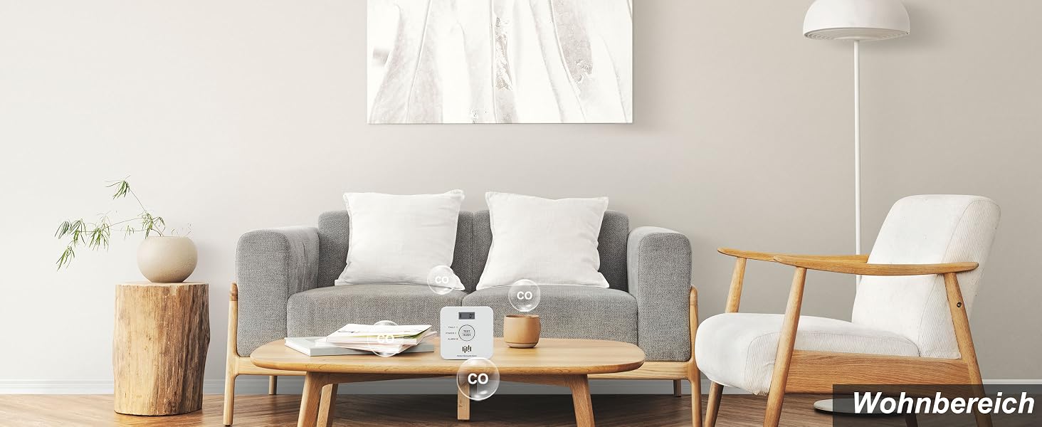 Weisser Kohlenmonoxid-Melder Ruan TCS0202A mit LCD-Display und ppm-Anzeige an einer Wand – Detail 8