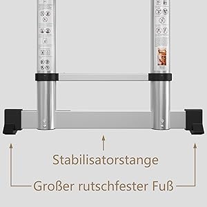 Ausgezogene Aluminium-Teleskopleiter mit Stabilisatorstange und Einhängehaken – Detail 8