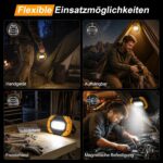 Zwei gelbe Darbony LED-Akkustrahler mit 30 Watt, Display und verstellbarem Griff