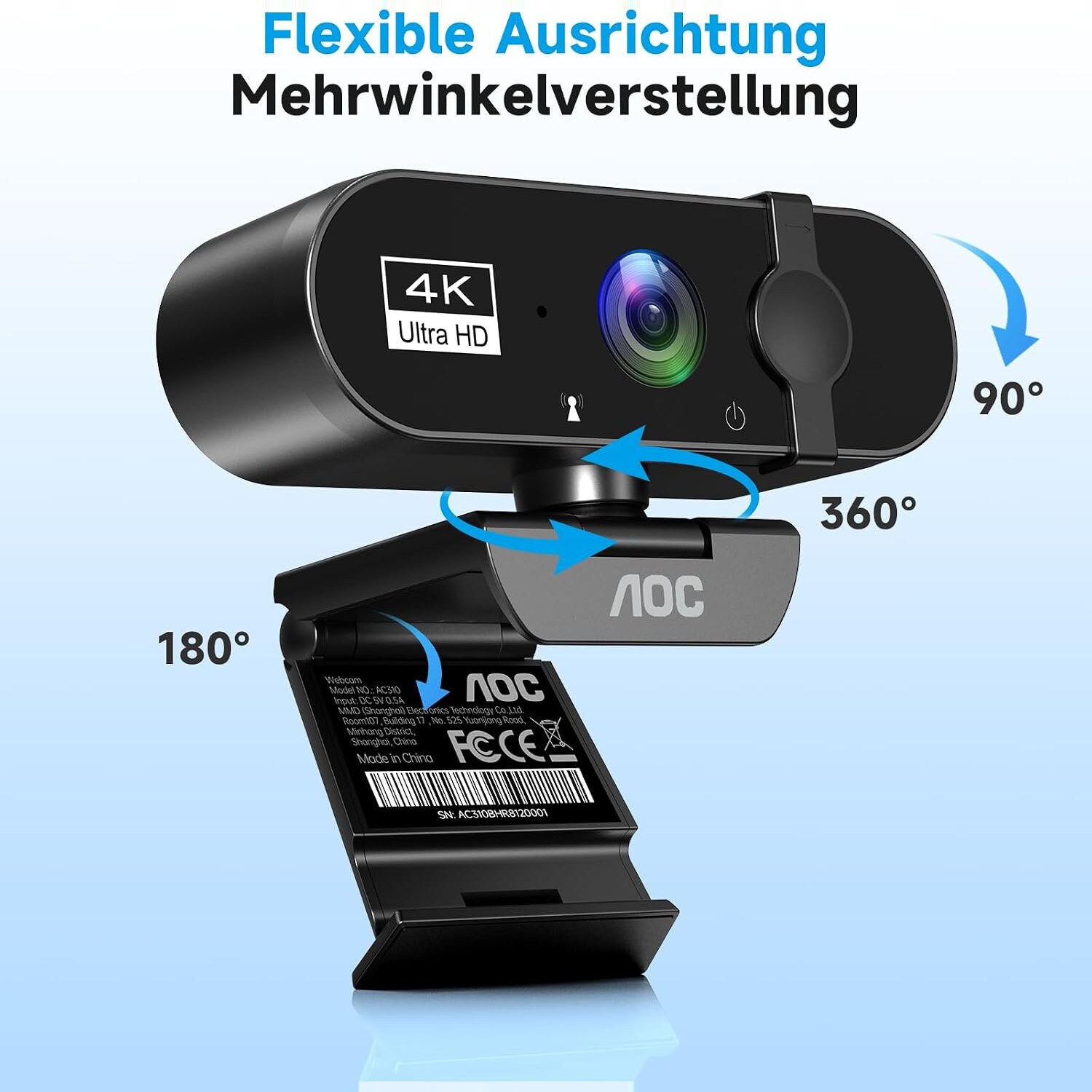 Verstellbereich der Webcam um 90, 180 und 360 Grad