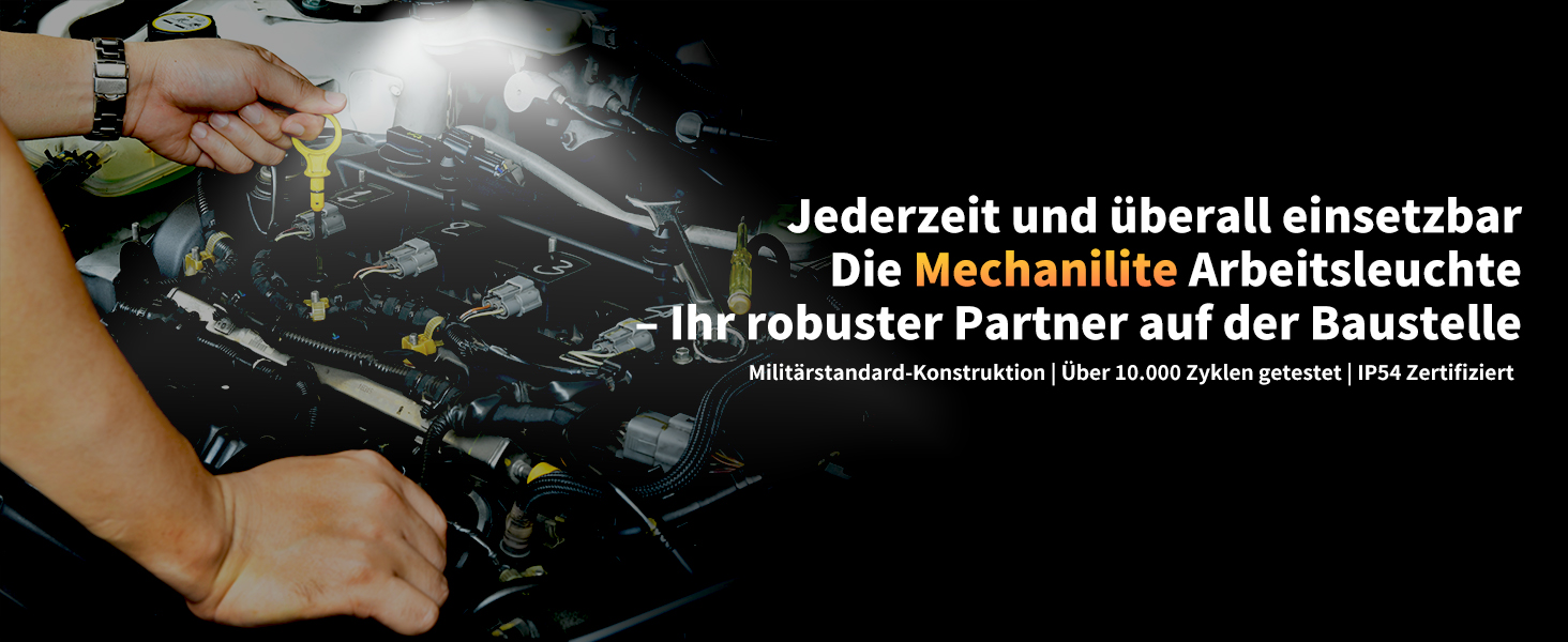MechaniLite Akku-Werkstattlampe in Gelb mit Magnetfuss und Haken – Detail 8
