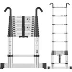 SIMPDIY Teleskopleiter 3,8 m aus Aluminium, ausgezogen mit Stabilisierungsstangen am Leiterfuss