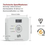 Weisser Kohlenmonoxid-Melder Ruan TCS0202A mit LCD-Display und ppm-Anzeige an einer Wand