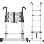 SIMPDIY Teleskopleiter 3,8 m aus Aluminium, ausgezogen mit Stabilisierungsstangen am Leiterfuss