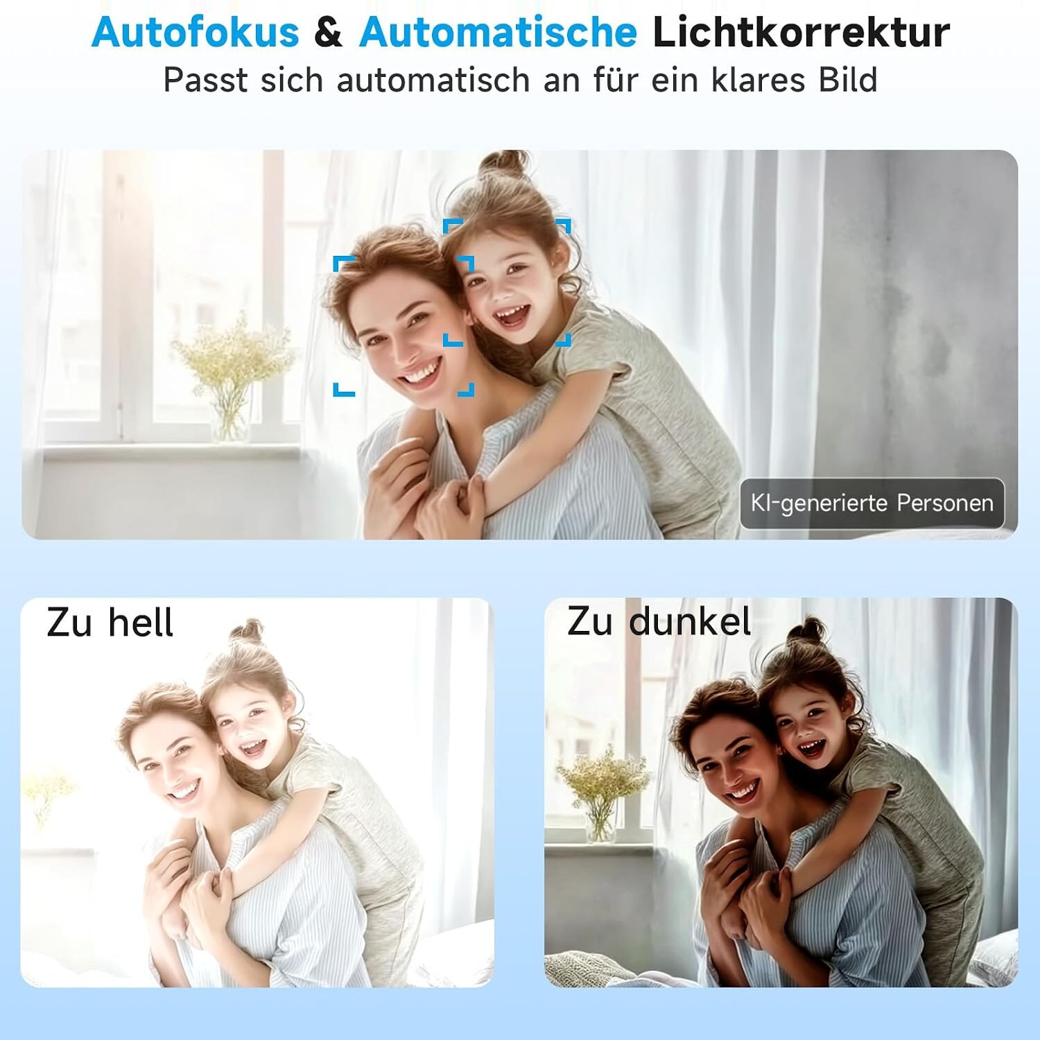 Darstellung des Autofokus und Vergleich von zu hellem und zu dunklem Bild