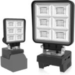 T-SUN LED-Arbeitsleuchte mit Aluminiumschirm auf einem Makita-18-V-Akku, Kopf nach oben geschwenkt