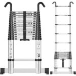 SIMPDIY Teleskopleiter 3,8 m aus Aluminium, ausgezogen mit Stabilisierungsstangen am Leiterfuss