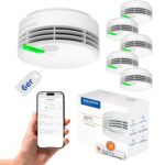 Zwei weisse Hekatron Genius Plus Rauchwarnmelder mit Klebepad und Montageset