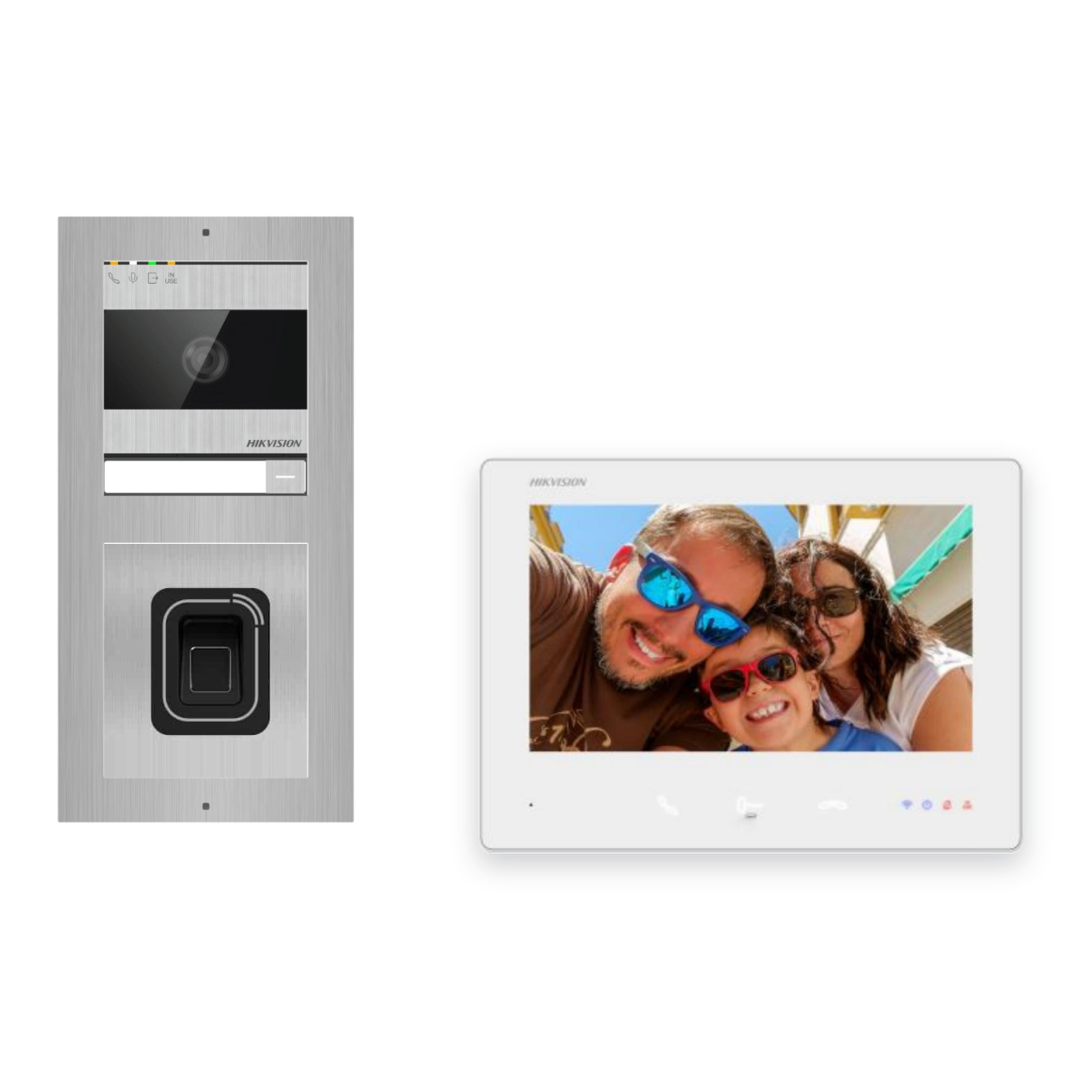 2-Draht-Bus Video-Türsprechanlage Set · 2-Modul Aufputz Edelstahl · Fingerprint · 1× Monitor – Türstation, Innenstation und Smartphone-App