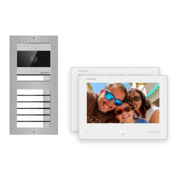 2-Draht-Bus Video-Türsprechanlage Set · 2-Modul Aufputz Edelstahl · Klingel · 2× Monitor – Türstation, Innenstation und Smartphone-App