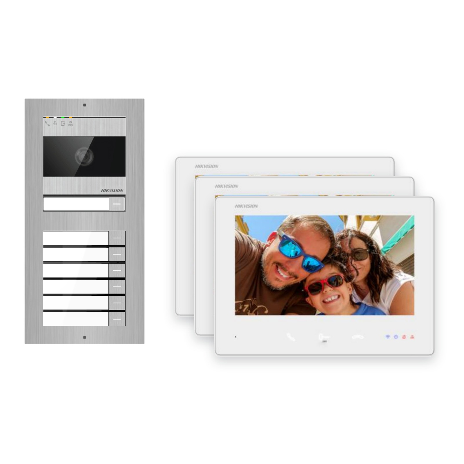 2-Draht-Bus Video-Türsprechanlage Set · 2-Modul Aufputz Edelstahl · Klingel · 3× Monitor – Türstation, Innenstation und Smartphone-App