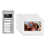2-Draht-Bus Video-Türsprechanlage Set · 2-Modul Aufputz Edelstahl · Klingel · 4× Monitor – Türstation, Innenstation und Smartphone-App
